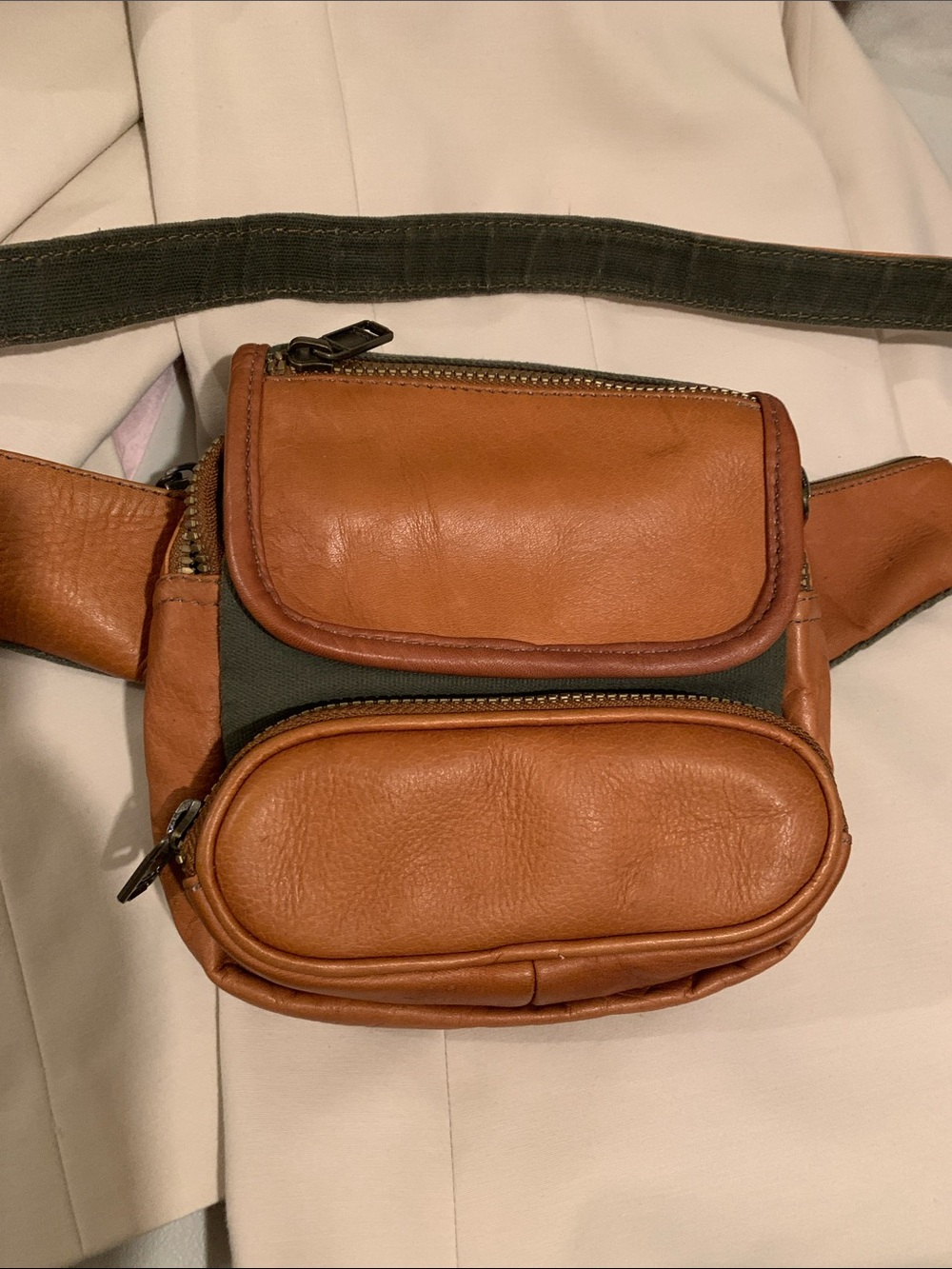 Leather Waist Bag with Green Canvas Panel - Tan